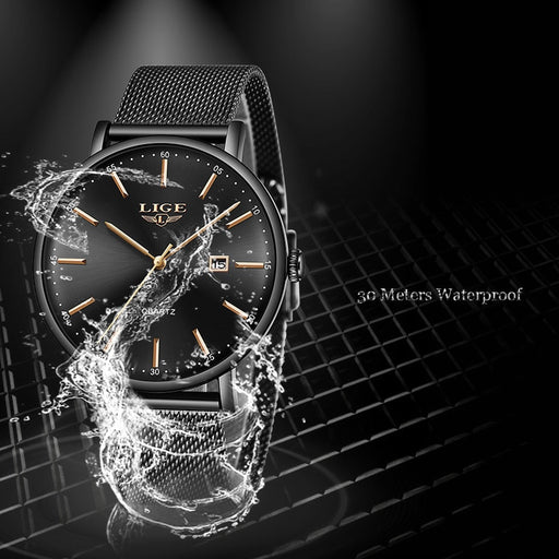 2019 LIGE Fashion Thin Wome Watches Top Brand Luxury Quartz Watch  Casual Slim Mesh Waterproof Sport Black Watch Reloj Hombre