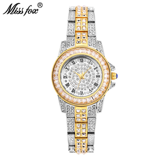 Miss Fox Ladies Gold Watch Wome Rhinestone Fashion Watches Golden Clock Super Mirror Quartz Movt Party Bracelet Chinese Watch